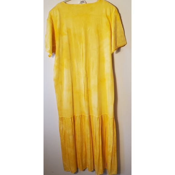 Cotton Code Yellow Maxi Dress Size L XL Tall Applique Short Sleeve Tie Dye USA - Picture 8 of 10